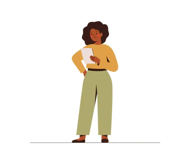 Vector illustration of A confident black businesswoman is holding a tablet pc.