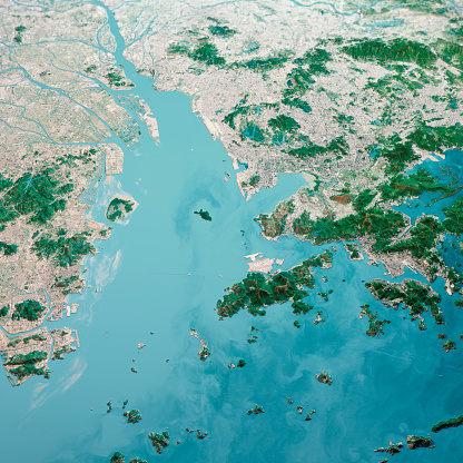 3D Render of a Topographic Map of Hong Kong, Shenzhen, Macau, Dongguan Greater Bay Area. Aerial Landscape View From South.\nAll source data is in the public domain.\nContains modified Copernicus Sentinel data (Jan 2020) courtesy of ESA. URL of source image: https://scihub.copernicus.eu/dhus/#/home.\nRelief texture: NASADEM data courtesy of NASA JPL (2020). URL of source image: \nhttps://doi.org/10.5067/MEaSUREs/NASADEM/NASADEM_HGT.001