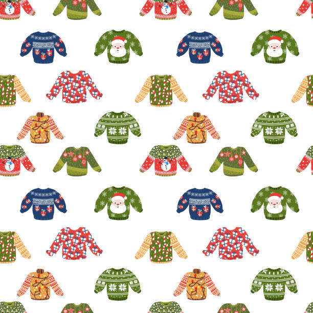 illustrations, cliparts, dessins animés et icônes de funny christmas chandails laids motif sans couture - ugliness sweater kitsch holiday