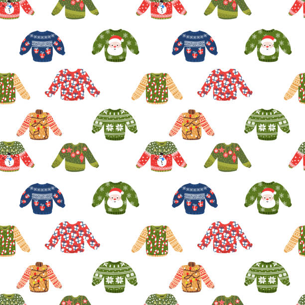 ilustrações de stock, clip art, desenhos animados e ícones de funny christmas ugly sweaters seamless pattern - ugliness sweater kitsch holiday