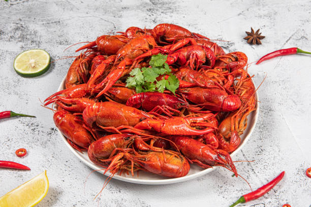 Boiled cooked red crawfish on a plate Boiled cooked red crawfish on a plate crayfish animal stock pictures, royalty-free photos & images