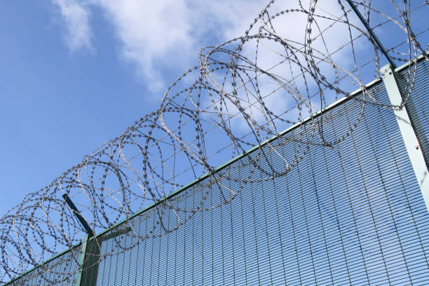 istock Part of a barbwired fence on a blue sky with clouds from a low angle view 1268432919