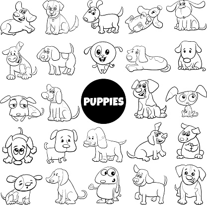 Black and White Cartoon Illustration of Puppy Dog Comic Animal Characters Big Set