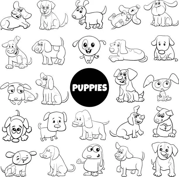 Vector illustration of black and white cartoon puppy dog characters big set