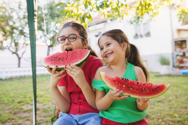 istock Two adorable sisters eat watermelon and make each other laugh 1268436858