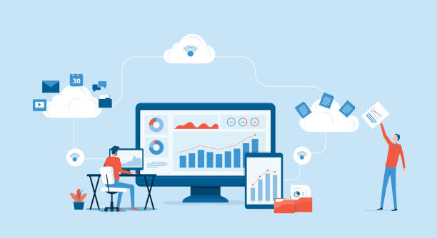플랫 벡터 비즈니스 기술 클라우드 컴퓨팅 서비스 개념 및 개발자 팀 작업 개념 - cloud stock illustrations