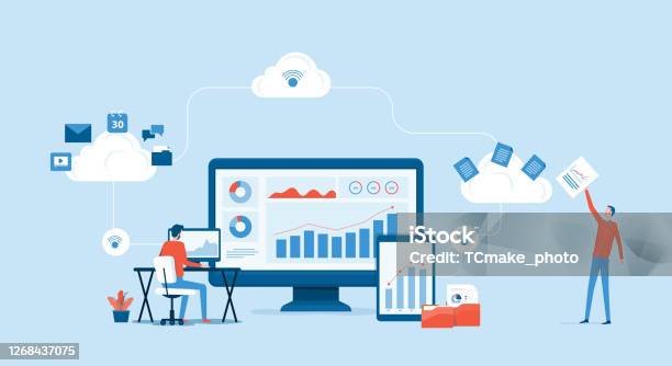 Flat Vector Business Technology Cloud Computing Service Concept And With Developer Team Working Concept Stock Illustration - Download Image Now