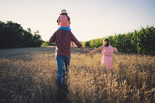 A caring father enjoys walking with his beautiful daughters through a wheat field at sunset