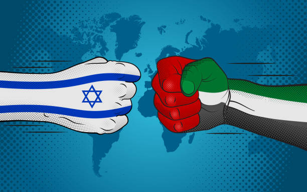 Conflict between Israel and United Arab Emirates. Israel-United Arab Emirates relations. Israel versus United Arab Emirates. Strained relations between Israel and United Arab Emirates palestinian territories stock illustrations