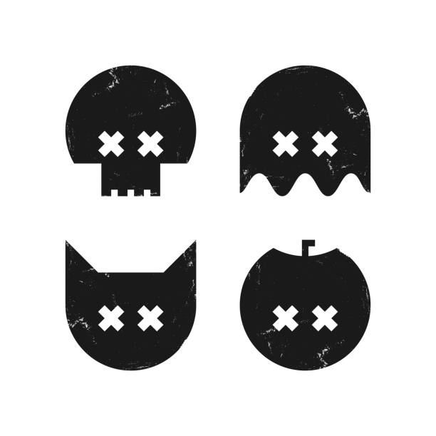 Halloween graphic black and white set Halloween graphic black and white set. Textured icons of skull, ghost, cat and pumpkin. painted masquerade masks stock illustrations