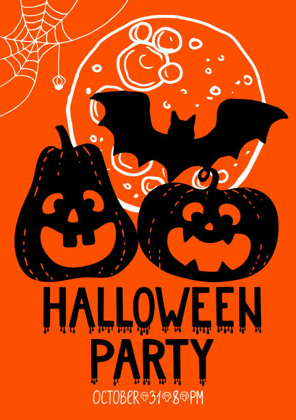 ilustrações de stock, clip art, desenhos animados e ícones de halloween party october 31 vertical poster template. halloween party vertical poster template. promotional flyer featuring hand drawn silhouette pumpkins full moon bat spider web and lettering with dripping drops of blood. stock vector illustration - bat halloween spider web spooky