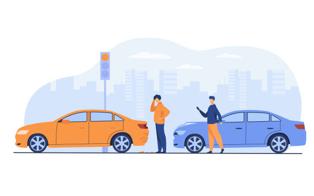 Two men having car accident isolated flat vector illustration Two men having car accident isolated flat vector illustration. Cartoon people looking at automobile damage. Emergency, incident and driving concept car crash accident cartoon stock illustrations