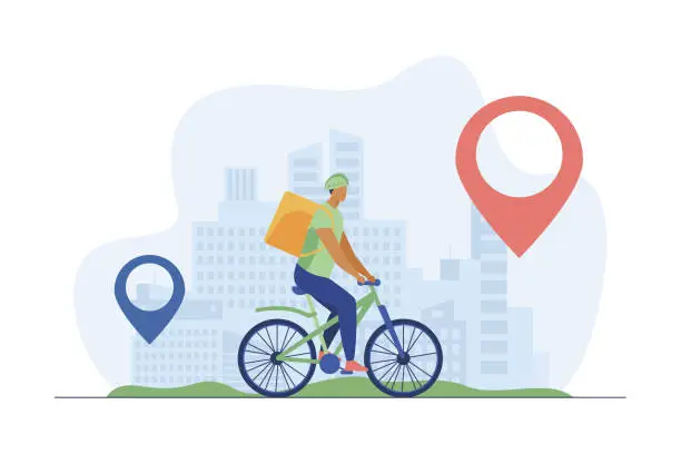 Vector illustration of Cyclist delivering food to customers in city