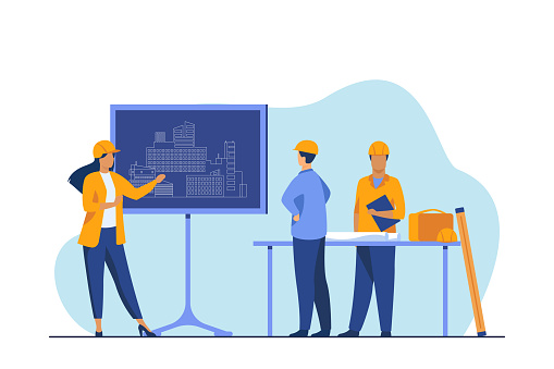 Female engineer standing near chalkboard explaining project. Draft, building, worker flat vector illustration. Construction and architecture concept for banner, website design or landing web page