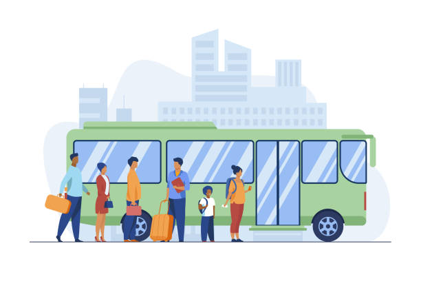 Passengers waiting for bus in city Passengers waiting for bus in city. Queue, town, road flat vector illustration. Public transport and urban lifestyle concept for banner, website design or landing web page bus transportation stock illustrations