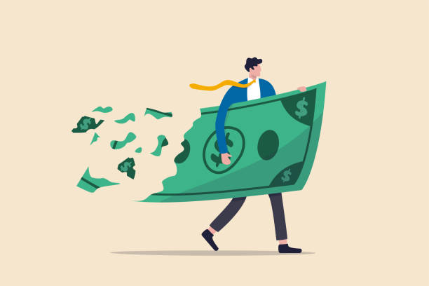 ilustrații de stoc cu pierde bani de investiții în criză financiară, profit și pierdere în afaceri sau deflație și conceptul de inflație, om de afaceri care deține bani mari bancnote de dolari în timp ce pierderea, se năruie și de a reduce în valoare. - pierdut