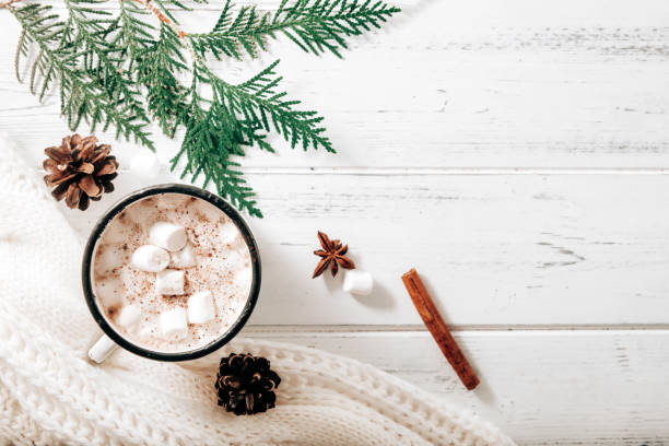 istock hot chocolate,  cocoa mug with marshmallows, white sweater, fir branches , cones, cinnamon sticks, star anise on a white wooden background, hot winter drink, place for inscription 1268446736