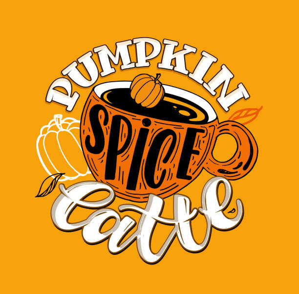 秋のレタリングラベル、カボチャのスパイスラテ。コーヒーアートバナー。居心地の良い秋のはがき。 - latté pumpkin spice coffee点のイラスト素材／クリップアート素材／マンガ素材／アイコン素材