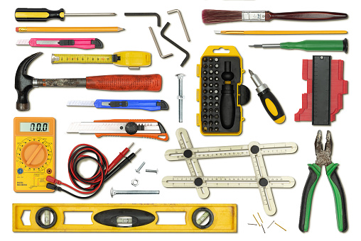 Large variety of work tools flat lay