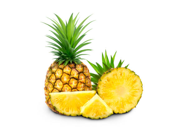 istock whole pineapple and pineapple slice. Pineapple with leaves isolate on white. Full depth of field. 1268449725