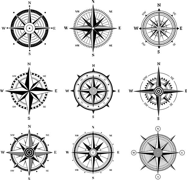 ilustrações de stock, clip art, desenhos animados e ícones de wind rose set. travel adventure sailing nautical rose destination directional arrows vector navigation symbols for old map - discovery arrow sign circle pattern