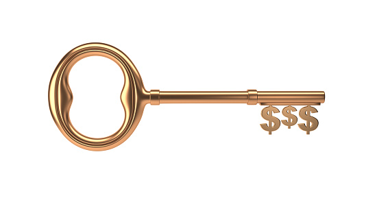 gold metal key on white background with dollar - rendering