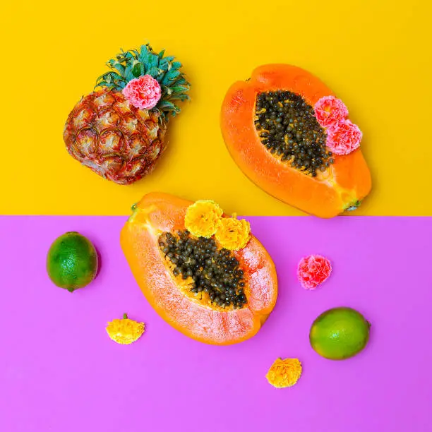 Photo of Tropical Fresh fruits. Minimal Vegan Concept