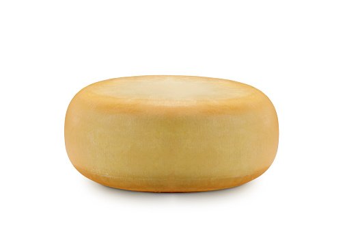 Parmesan cheese wheel on white background