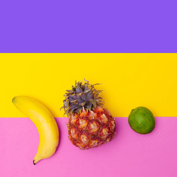 Tropical fruits mix. Minimal colorful flat lay art