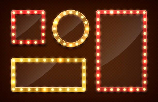 Makeup mirror. Circle and rectangle mirrors frame with light bulbs and mirrored reflection. Isolated vector set Makeup mirror. Circle and rectangle mirrors frame with light bulbs and mirrored reflection. Isolated vector set of mirror with bulb frame, vintage banner decoration glowing theatre mirror stock illustrations