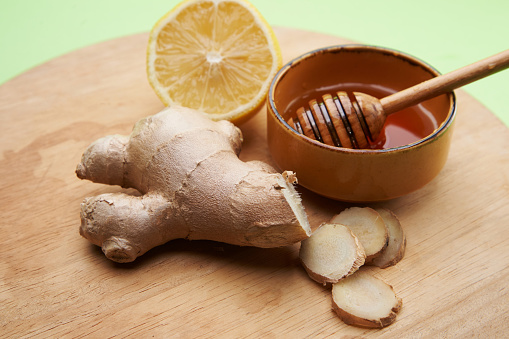 Ginger honey lemon  tea ingredients concept, healthy simple recipe.