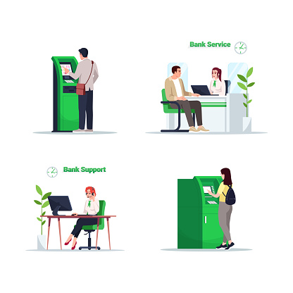 Bank financial service semi flat RGB color vector illustration set. Man use self serving kiosk. Online support advisor. Managers and customers isolated cartoon character on white background collection