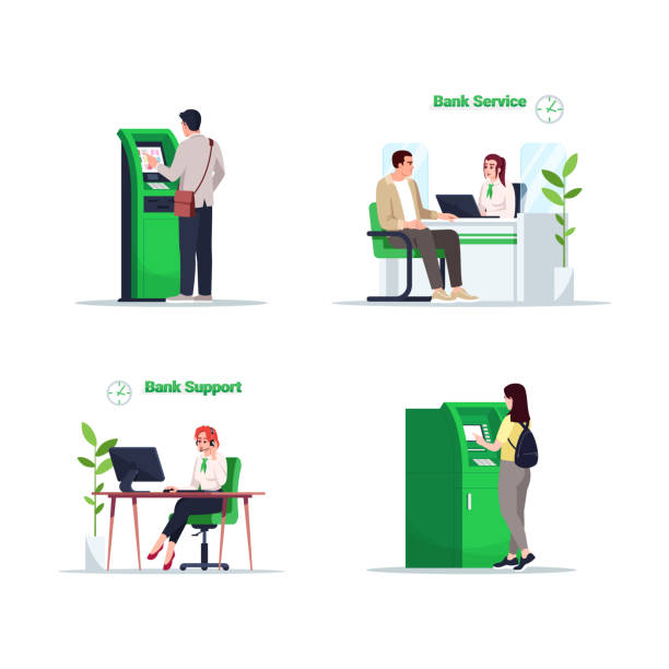 Bank financial service semi flat RGB color vector illustration set Bank financial service semi flat RGB color vector illustration set. Man use self serving kiosk. Online support advisor. Managers and customers isolated cartoon character on white background collection atm illustrations stock illustrations