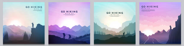 Vector landscape set. Travel concept of discovering, exploring and observing nature. The guy watches nature, riding at mountain bike, climbing to the top, going hike. Design for flyer, invitation Vector landscape set. Travel concept of discovering, exploring and observing nature. The guy watches nature, riding at mountain bike, climbing to the top, going hike. Design for flyer, invitation hiking backgrounds stock illustrations