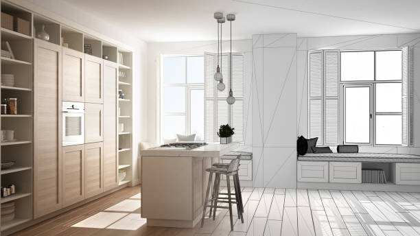 istock Architect interior designer concept: unfinished project that becomes real, kitchen with wooden details in contemporary apartment with parquet floor, minimalistic design idea 1268465991