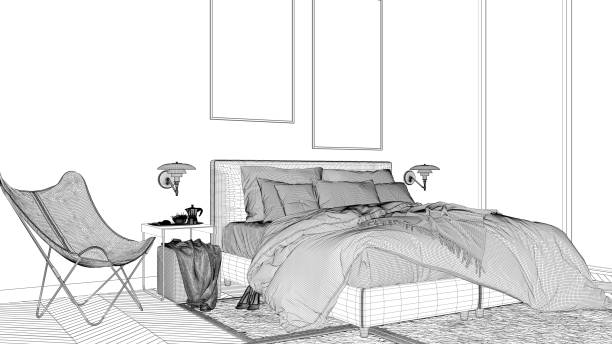 istock Blueprint project draft, minimalist bedroom, bed with pillows and blankets, parquet, bedside tables and carpet, large panoramic window, modern architecture concept idea 1268466516