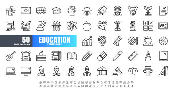 ilustraciones, imágenes clip art, dibujos animados e iconos de stock de vector de 50 education and school subjectline outline icon set. 64x64 y 256x256 pixel perfect trazo editable. - major