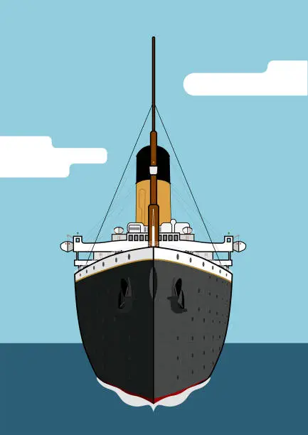 Vector illustration of Front view, Titanic bow, transatlantic sailing in the ocean.