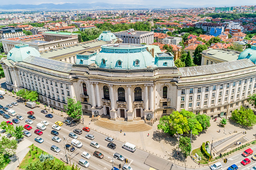 Wide aerial shot of The University of Sofia \