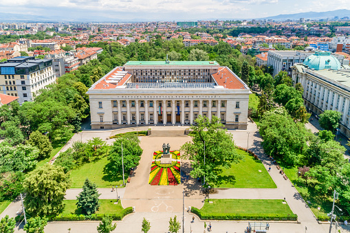 Wide aerial shot of National Library St. St. Cyril and Methodius. (Bulgarian: Национална библиотека 