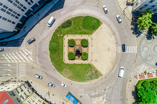 Wide aerial drone shot of  Sofia city, Bulgaria - Vasil Levski monument  (Bulgarian : Паметник Васил Левски).  The first monument to be built in the capital of the newly liberated Principality of Bulgaria, it was unveiled on 29 June 1882. The picture was taken at day time with DJI Phantom 4 Pro drone / quadcopter.
