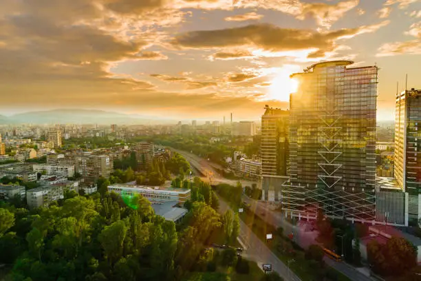 Wide aerial drone shot of  Sofia city, Bulgaria at sunset, golden hour. The picture was taken at night with DJI Phantom 4 Pro drone / quadcopter.