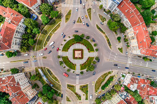 Wide aerial drone shot of  Sofia city, Bulgaria - Russian monument  (Bulgarian :Руски паметник).  The first monument to be built in the capital of the newly liberated Principality of Bulgaria, it was unveiled on 29 June 1882. The picture was taken at day time with DJI Phantom 4 Pro drone / quadcopter.
