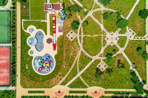Wide aerial drone shot of  public park Vazrajdane ,  Sofia city, Bulgaria, (Bulgarian :парк Възраждане и комплекс Възраждане)