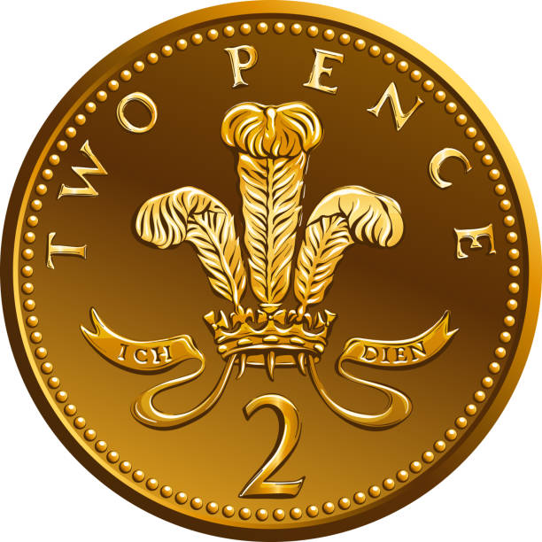 Vector British money gold coin 2 pence Vector Reverse of British gold coin Two pee or 2 pence with Badge of Prince of Wales, plume of ostrich feathers within a coronet british coins stock illustrations