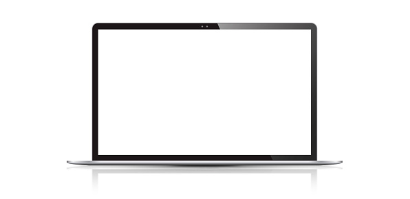Blank screen laptop isolated on white background with added surface reflection