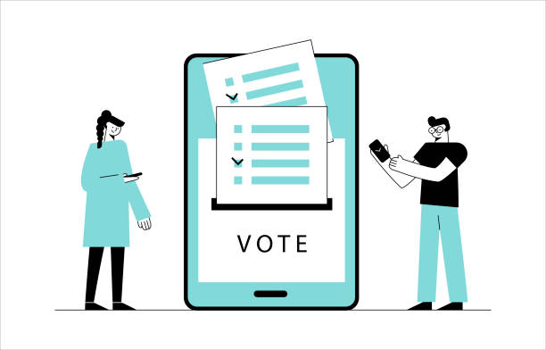 illustrazioni stock, clip art, cartoni animati e icone di tendenza di persone che votano online con concetto di telefono cellulare. - smart phone writing assistance business