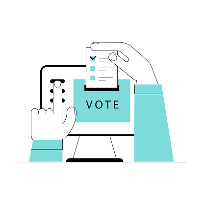 Electronic voting concept. Online electronic poll. Flat vector illustration with laptop screen, voting box and voter hands and putting papper vote.  Electronic voting system for election, government