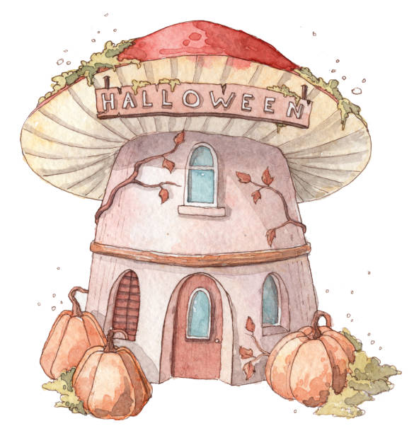dom z dyniami i znakiem halloweenowym - toadstool branch moss vine stock illustrations