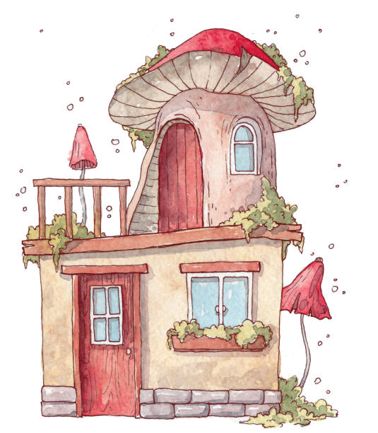 dom z balkonem i grzybami - toadstool branch moss vine stock illustrations